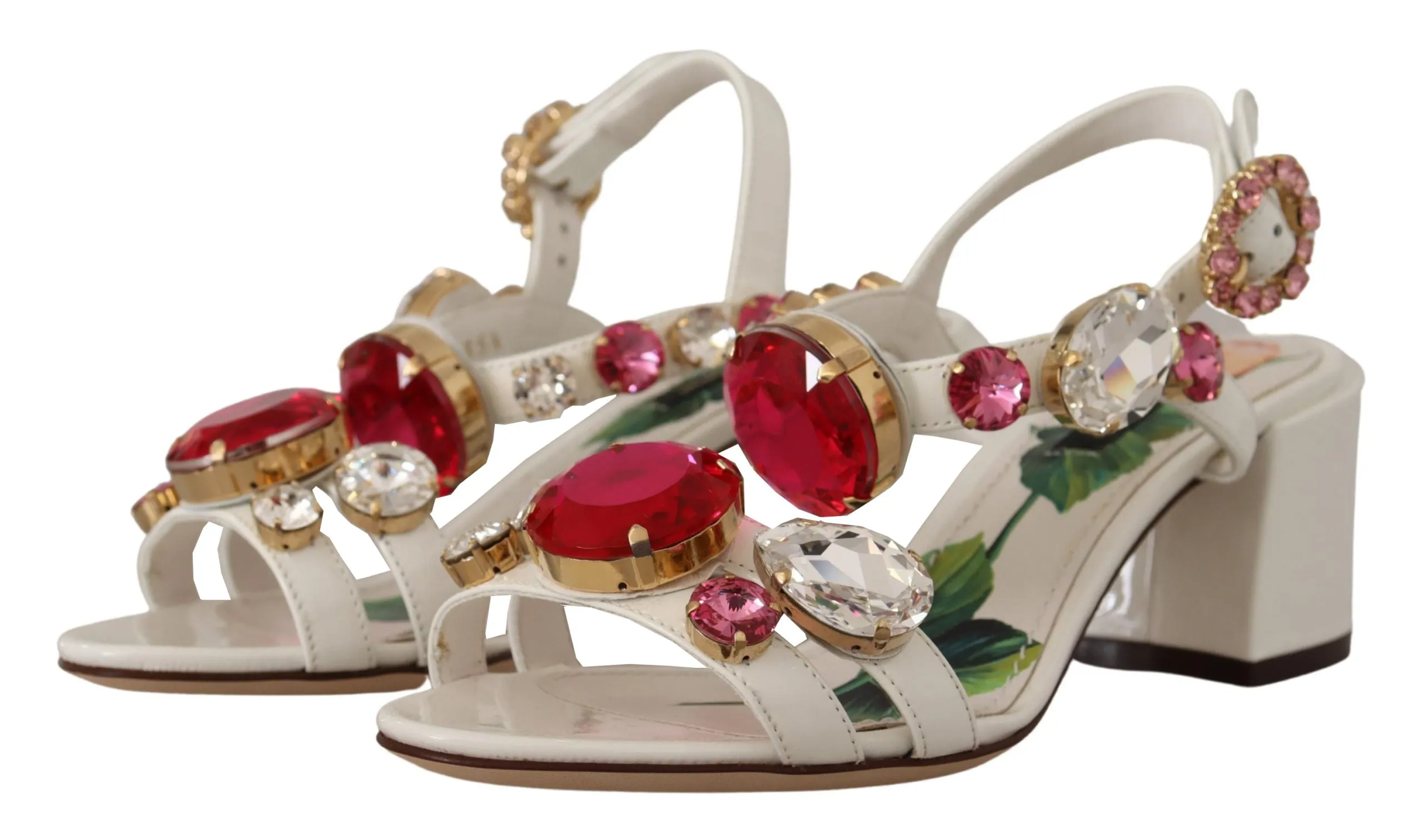 Dolce & Gabbana White Leather Roses Crystal Shoes Sandals