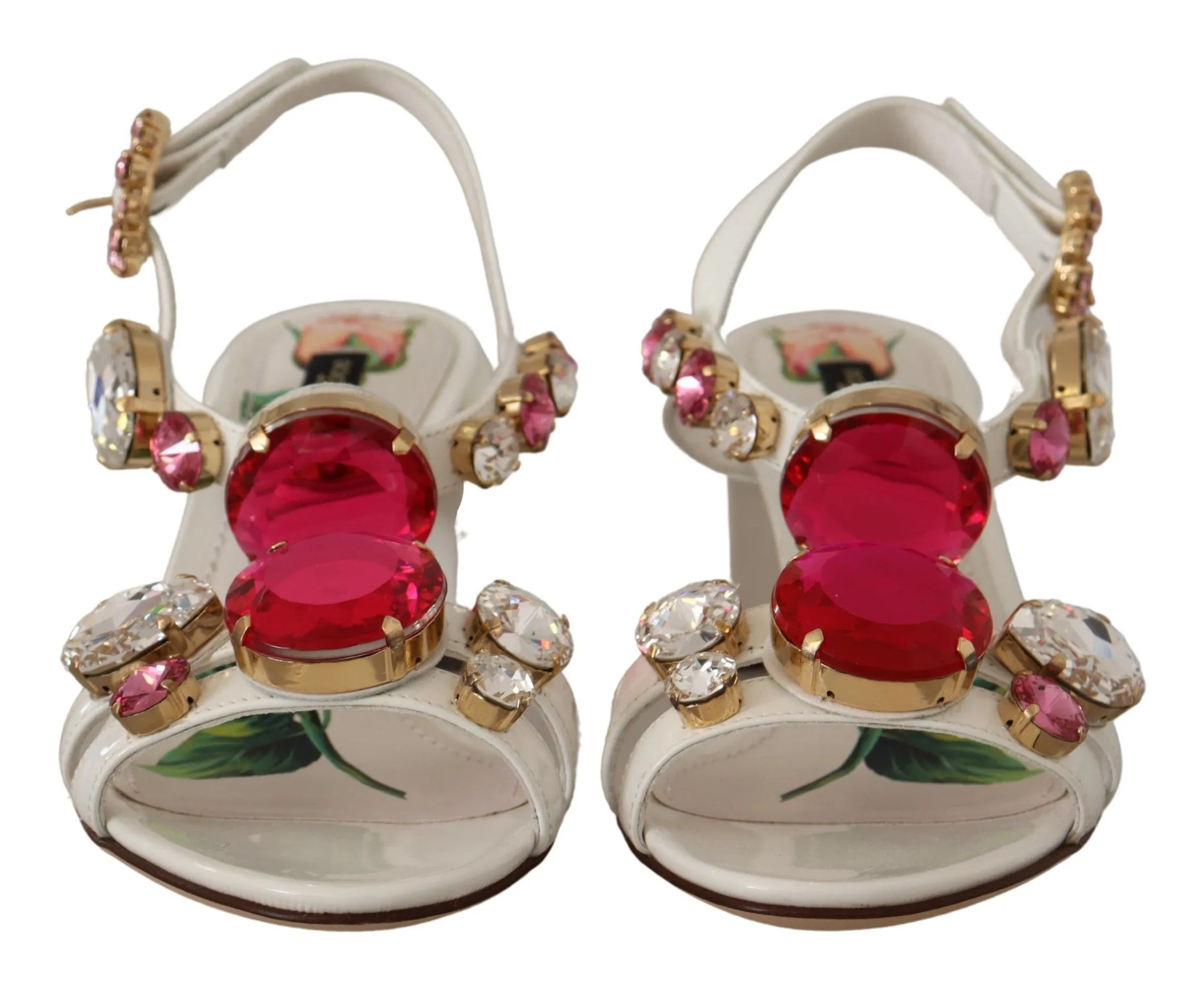 Dolce & Gabbana White Leather Roses Crystal Shoes Sandals