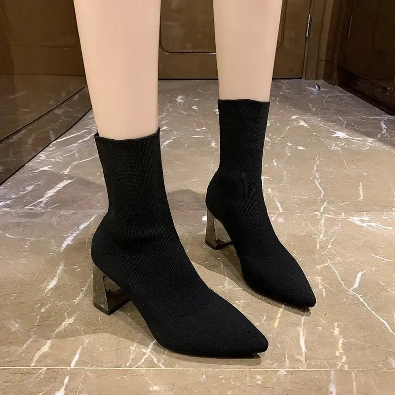 Pointed Elastic High Heel Socks Boots Women's Knitted Breathable Slim Thick Heel Short Boot Black