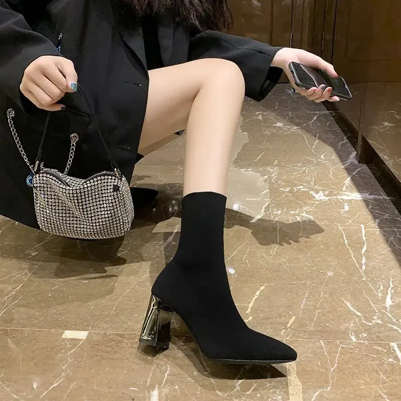 Pointed Elastic High Heel Socks Boots Women's Knitted Breathable Slim Thick Heel Short Boot Black