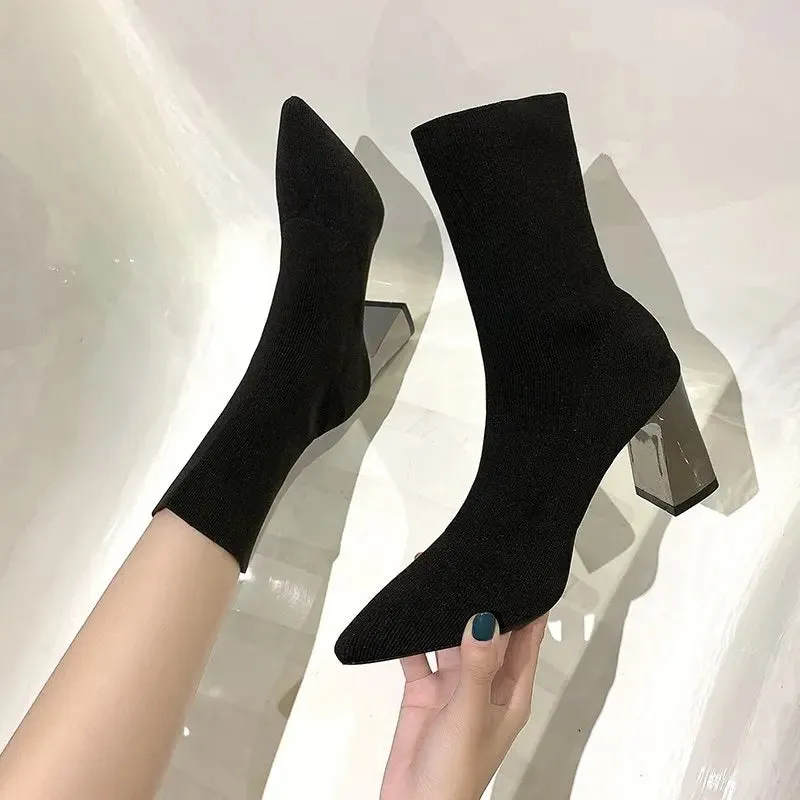 Pointed Elastic High Heel Socks Boots Women's Knitted Breathable Slim Thick Heel Short Boot Black