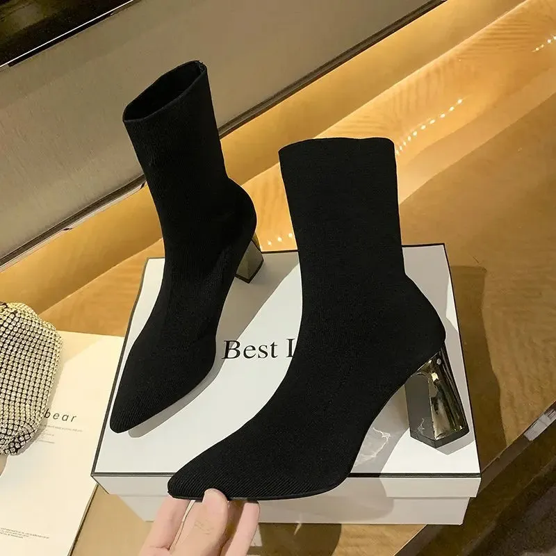 Pointed Elastic High Heel Socks Boots Women's Knitted Breathable Slim Thick Heel Short Boot Black