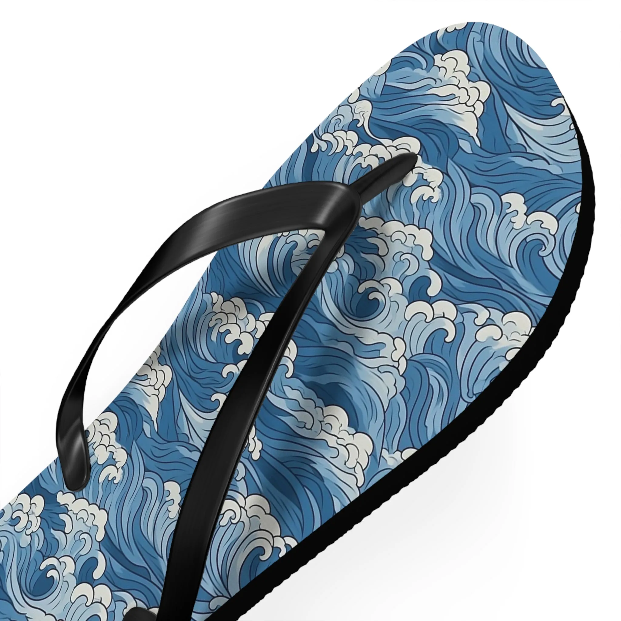 Sea Waves Flip Flops, Japanese Blue Comfortable Thong Sandals Summer Woman Men Ladies Beach Print Rubber Slip On Shoes