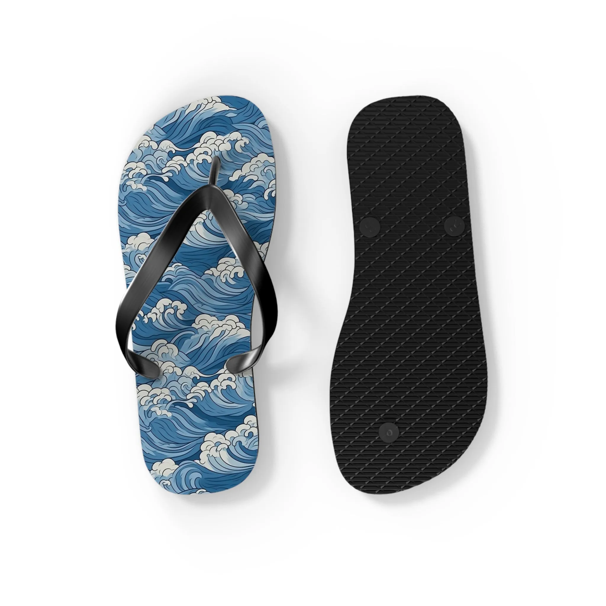 Sea Waves Flip Flops, Japanese Blue Comfortable Thong Sandals Summer Woman Men Ladies Beach Print Rubber Slip On Shoes