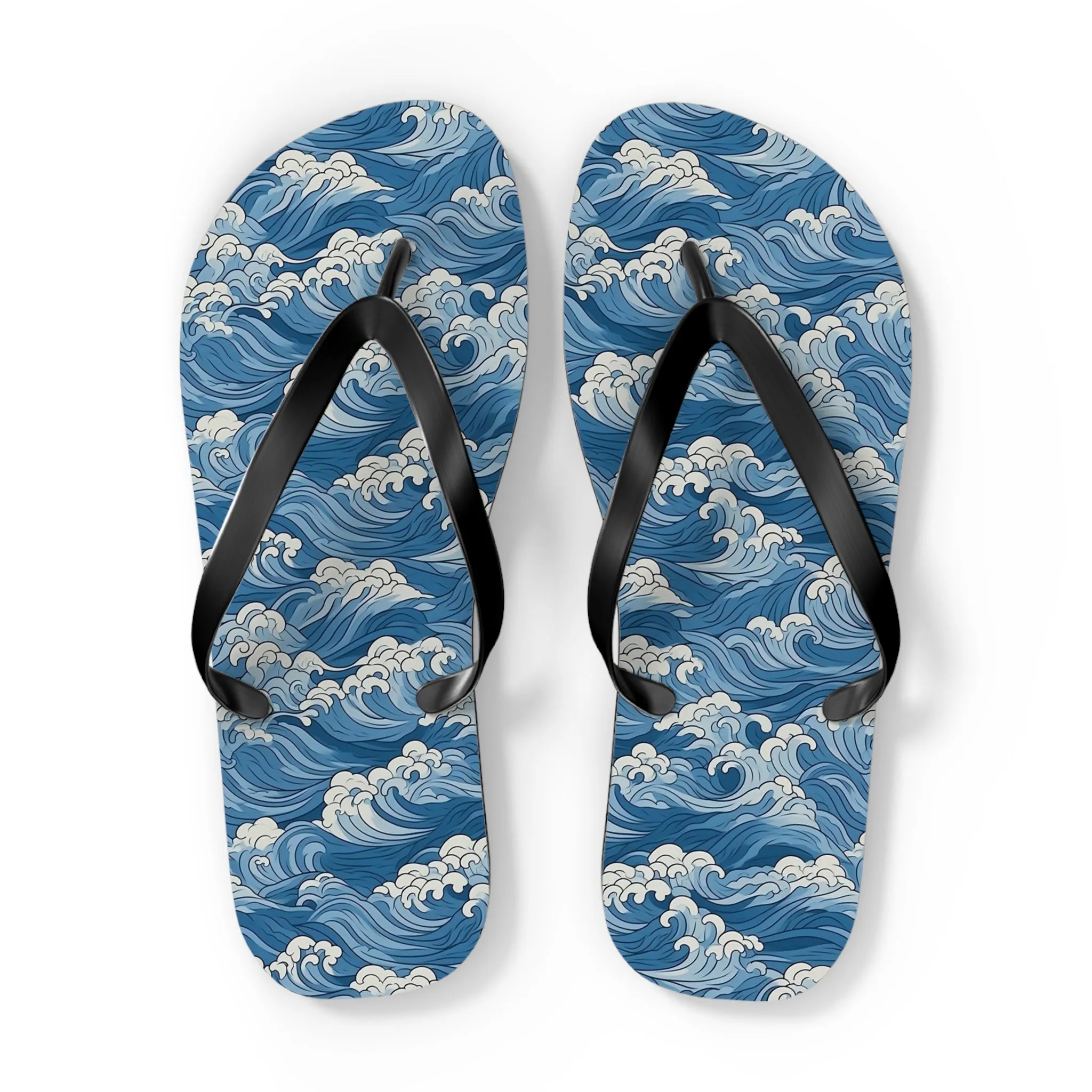 Sea Waves Flip Flops, Japanese Blue Comfortable Thong Sandals Summer Woman Men Ladies Beach Print Rubber Slip On Shoes