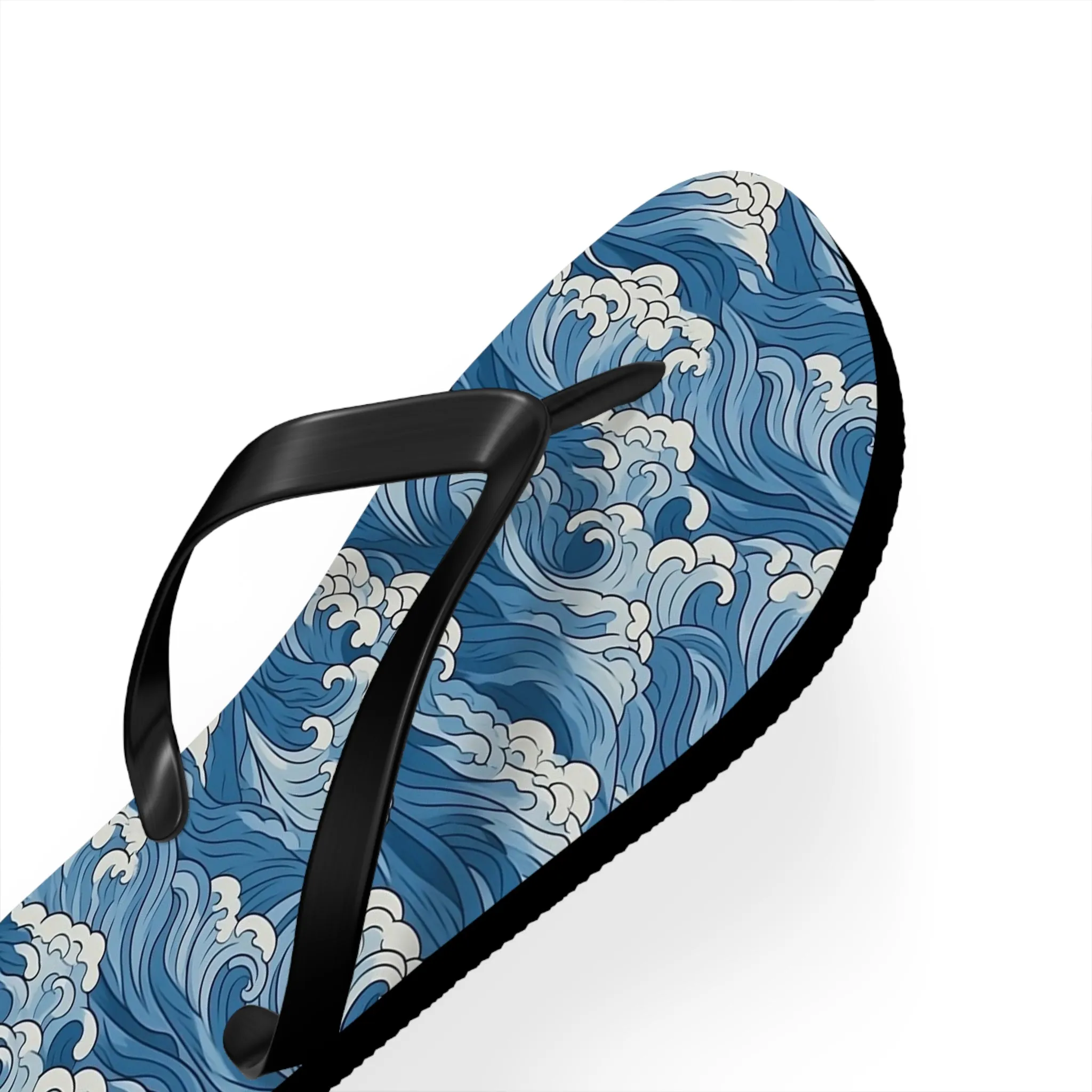 Sea Waves Flip Flops, Japanese Blue Comfortable Thong Sandals Summer Woman Men Ladies Beach Print Rubber Slip On Shoes