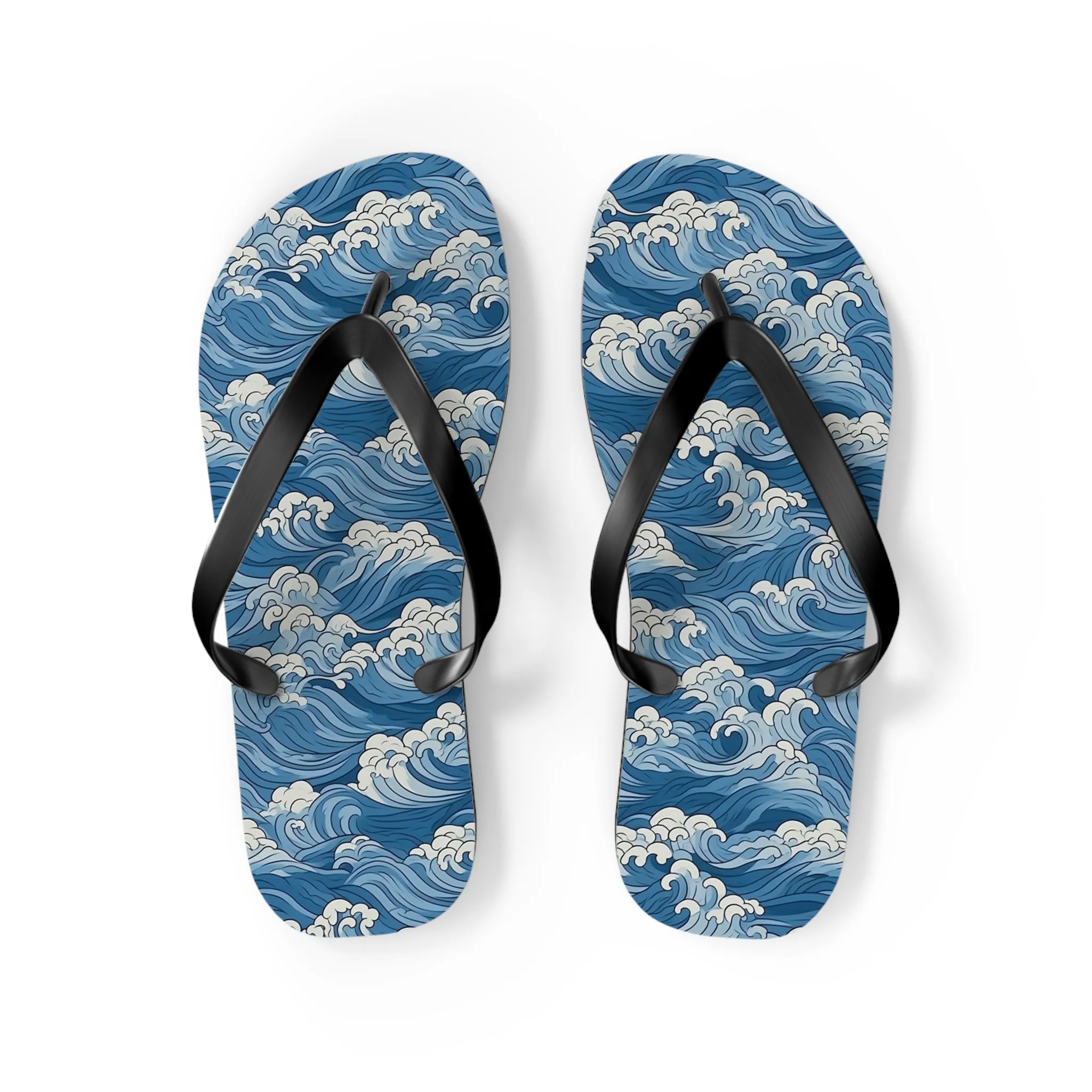 Sea Waves Flip Flops, Japanese Blue Comfortable Thong Sandals Summer Woman Men Ladies Beach Print Rubber Slip On Shoes