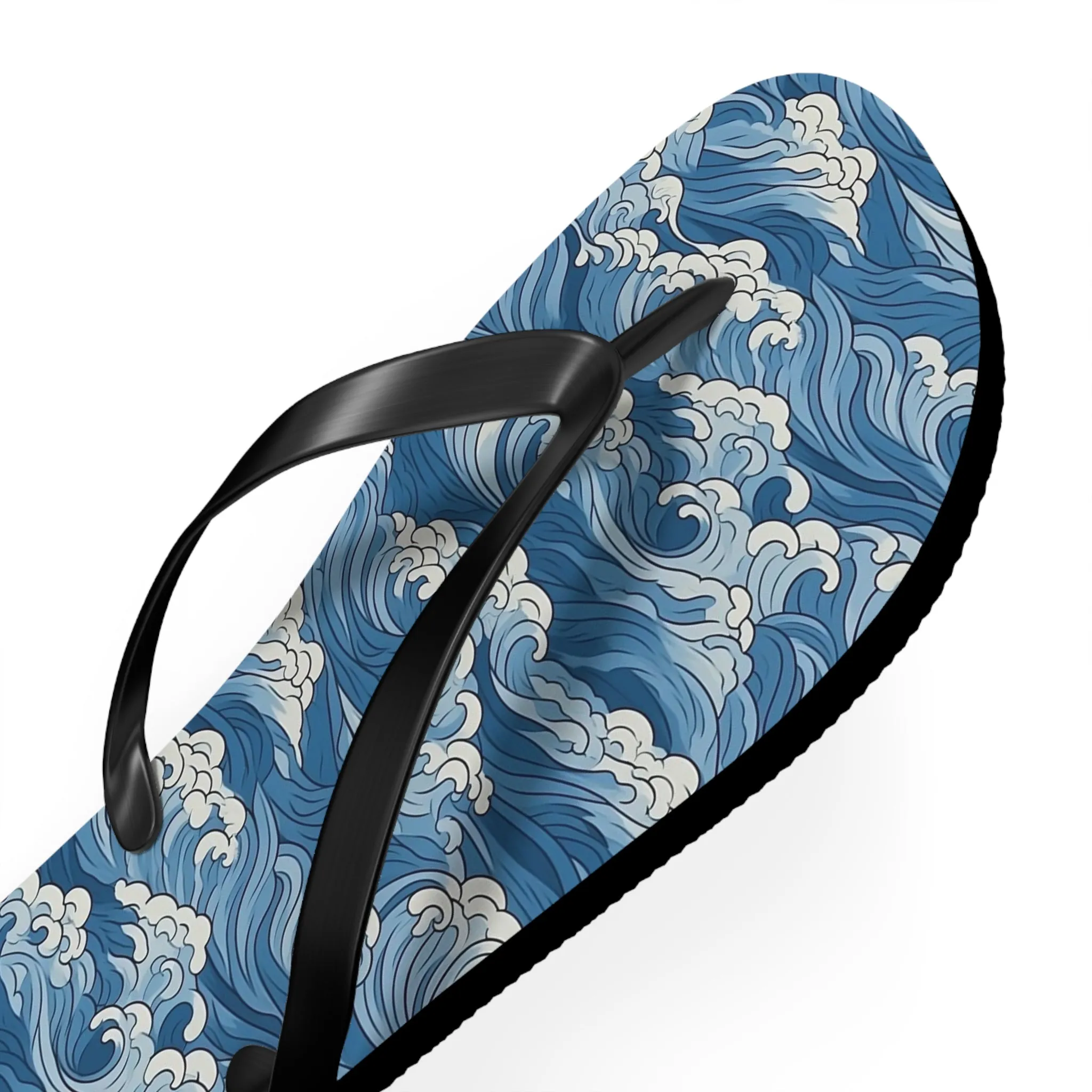 Sea Waves Flip Flops, Japanese Blue Comfortable Thong Sandals Summer Woman Men Ladies Beach Print Rubber Slip On Shoes