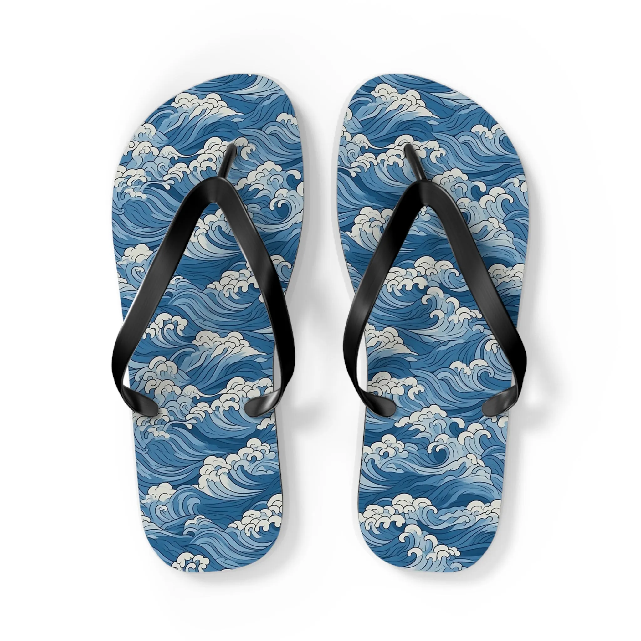 Sea Waves Flip Flops, Japanese Blue Comfortable Thong Sandals Summer Woman Men Ladies Beach Print Rubber Slip On Shoes