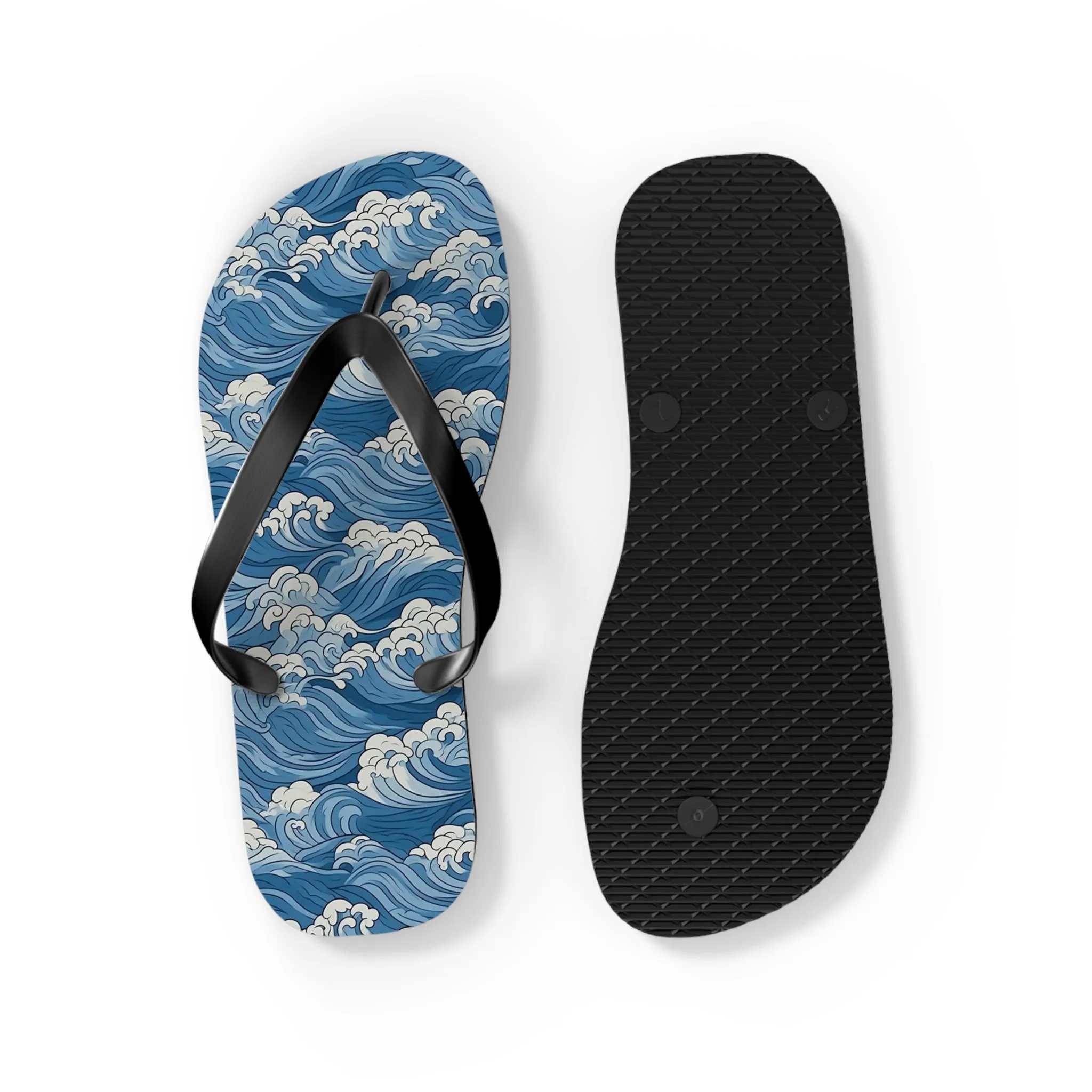 Sea Waves Flip Flops, Japanese Blue Comfortable Thong Sandals Summer Woman Men Ladies Beach Print Rubber Slip On Shoes