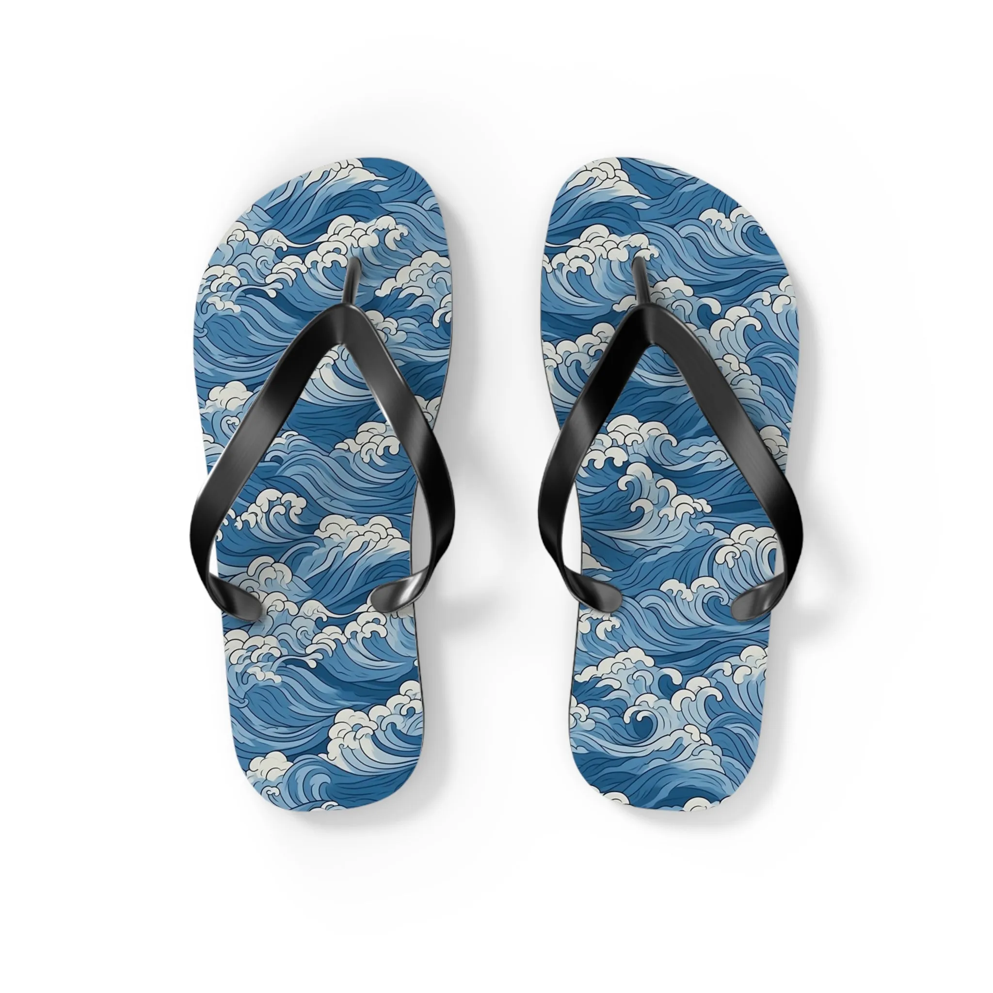 Sea Waves Flip Flops, Japanese Blue Comfortable Thong Sandals Summer Woman Men Ladies Beach Print Rubber Slip On Shoes