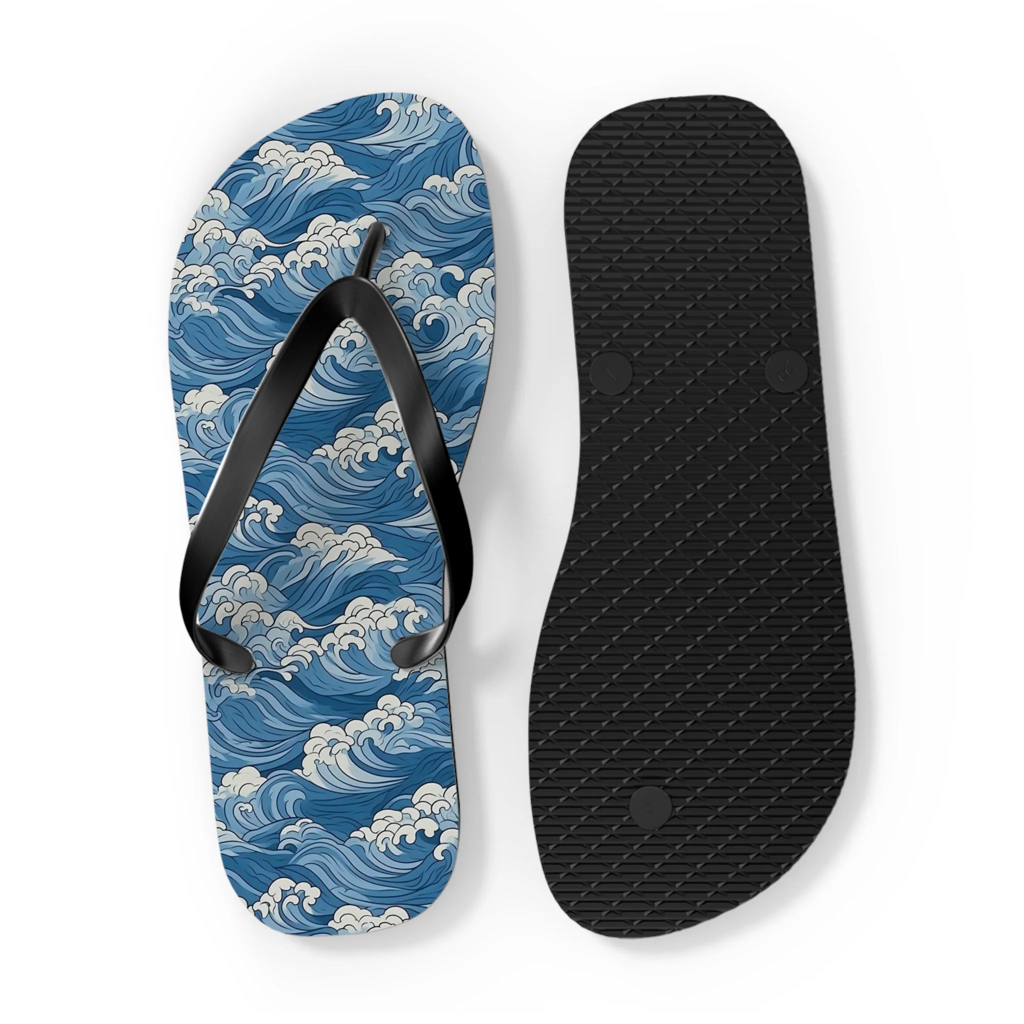 Sea Waves Flip Flops, Japanese Blue Comfortable Thong Sandals Summer Woman Men Ladies Beach Print Rubber Slip On Shoes