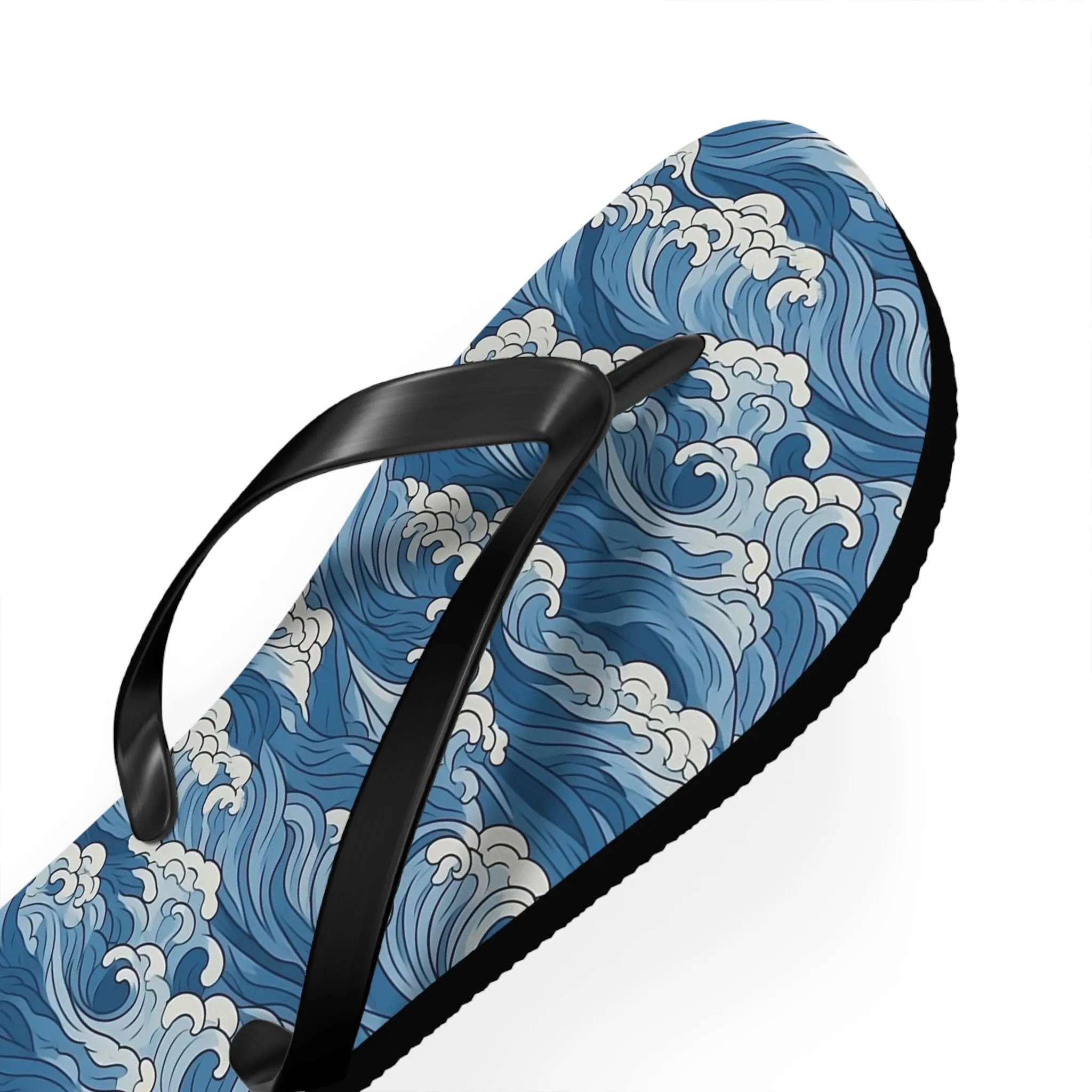 Sea Waves Flip Flops, Japanese Blue Comfortable Thong Sandals Summer Woman Men Ladies Beach Print Rubber Slip On Shoes